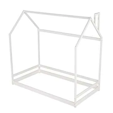 Merax Twin Size Wood House Bed, Wooden Bedframe with Roof for Kids, Teens, Boys or Girls, White