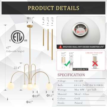 CATINER Gold Sputnik Chandelier,6 Lights Large Modern Chandelier L40”Mid Century Long Ceiling Pendant Light Fixtures for Dining Room with Milk Glass Globe Shades for High Ceiling Foyer Living Room