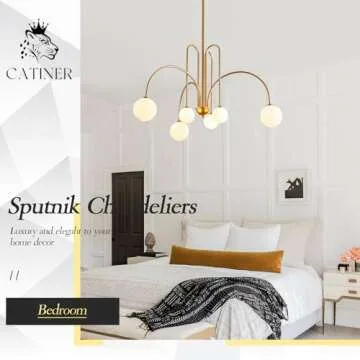 CATINER Gold Sputnik Chandelier,6 Lights Large Modern Chandelier L40”Mid Century Long Ceiling Pendant Light Fixtures for Dining Room with Milk Glass Globe Shades for High Ceiling Foyer Living Room