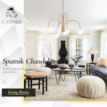 CATINER Gold Sputnik Chandelier,6 Lights Large Modern Chandelier L40”Mid Century Long Ceiling Pendant Light Fixtures for Dining Room with Milk Glass Globe Shades for High Ceiling Foyer Living Room