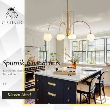 CATINER Gold Sputnik Chandelier,6 Lights Large Modern Chandelier L40”Mid Century Long Ceiling Pendant Light Fixtures for Dining Room with Milk Glass Globe Shades for High Ceiling Foyer Living Room