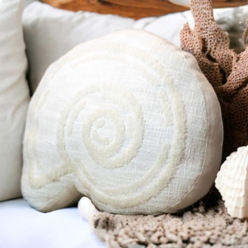 La Haven Living Ivory White Seashell Pillow | 14" Decorative Coastal Throw Pillows | Cotton Embroide...