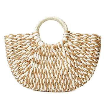 Epsion Womens Large Straw Beach Tote Bag Hobo Summer Handwoven Bags Purse wth Pom Poms (G-Khaki)