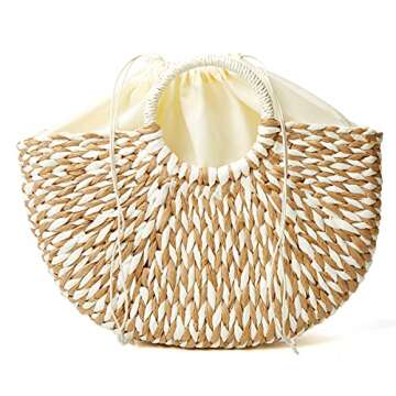 Epsion Womens Large Straw Beach Tote Bag Hobo Summer Handwoven Bags Purse wth Pom Poms (G-Khaki)
