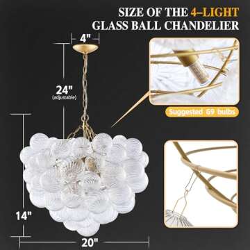 BeyPan Gold Bubble Chandelier Lighting Dia 20" Swirled Clear Ribbed Hand Blown Glass Ball Chandelier...