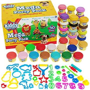 KIDDY DOUGH 40 Pack of Birthday Party Favors Bulk Dough & Clay Pack - Includes Molded Animal Shaped Lids + 40 Shapes & Numbers Dough Tools - Holiday Edition - (1oz Tubs - 40oz Total), Multi Color