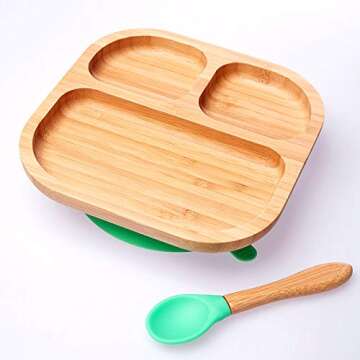 Baby Toddler Stay Put Dish, Kids Suction Plate, Bamboo Cute Tableware (Light green)