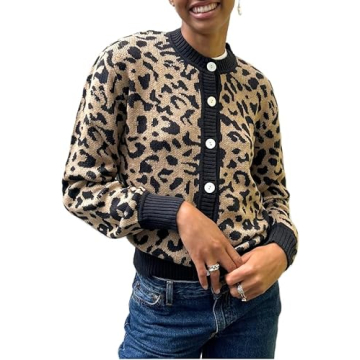 Women Open Front Leopard Cardigan Cheetah Print Knit Tops Oversized Button Down Crew Neck Sweater Ca...