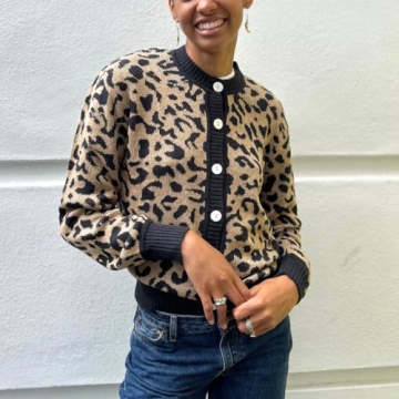 Women Open Front Leopard Cardigan Cheetah Print Knit Tops Oversized Button Down Crew Neck Sweater Cardigan Jacket