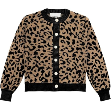 Women Open Front Leopard Cardigan Cheetah Print Knit Tops Oversized Button Down Crew Neck Sweater Cardigan Jacket