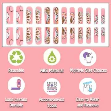 ANDGING Long Press on Nails Square Ballet Brown Fake Nails Glue on Nails with Colorful Floral Heart Design Manicure Acrylic Women False Nails with Glue Gel Stick on Nail for Wedding Birthday DKL565A