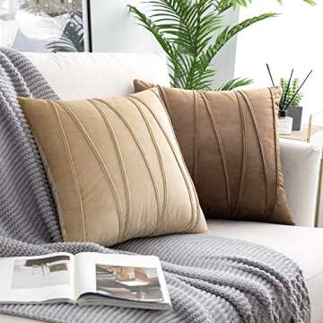 Woaboy Pack of 2 Striped Velvet Throw Pillow Covers Modern Decorative Couch Throws Square Soft Cozy Pillowcases for Bed Sofa Cushion Living Room 18x18 Inch Khaki