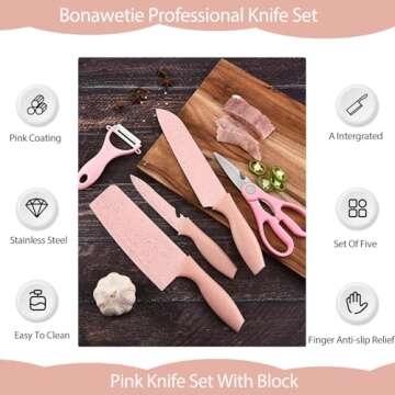 Bonaweite Pink Knife Set, Pink Knife Set With Block, Pink Kitchen Knife Set, Pink Kitchenware Knives, Chef Pink Cooking Knife Set, Wheat Straw Stainless Steel Pink Knives Kitchen Ware