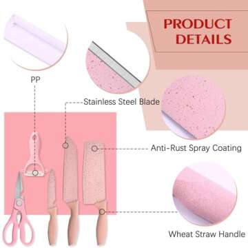 Bonaweite Pink Knife Set, Pink Knife Set With Block, Pink Kitchen Knife Set, Pink Kitchenware Knives, Chef Pink Cooking Knife Set, Wheat Straw Stainless Steel Pink Knives Kitchen Ware