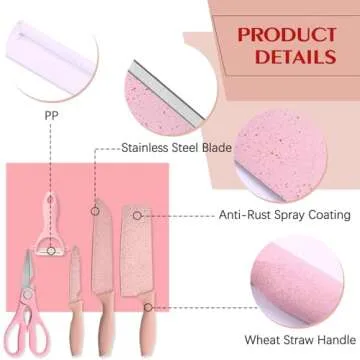 Bonaweite Pink Knife Set, Pink Knife Set With Block, Pink Kitchen Knife Set, Pink Kitchenware Knives, Chef Pink Cooking Knife Set, Wheat Straw Stainless Steel Pink Knives Kitchen Ware