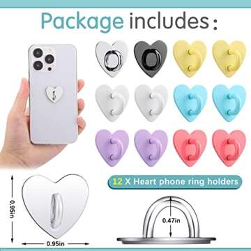 Lauwell 12 Pcs Cell Phone Finger Ring Adhesive Metal Phone Finger Grip Heart Shaped Cell Phone Ring Holder Phone Accessories Charm Loop Stand Phone Charm Hook for DIY Phone Case Pad Tablet Supplies