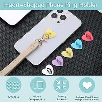 Lauwell 12 Pcs Cell Phone Finger Ring Adhesive Metal Phone Finger Grip Heart Shaped Cell Phone Ring Holder Phone Accessories Charm Loop Stand Phone Charm Hook for DIY Phone Case Pad Tablet Supplies