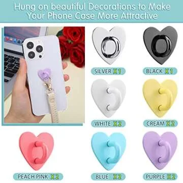 Lauwell 12 Pcs Cell Phone Finger Ring Adhesive Metal Phone Finger Grip Heart Shaped Cell Phone Ring Holder Phone Accessories Charm Loop Stand Phone Charm Hook for DIY Phone Case Pad Tablet Supplies