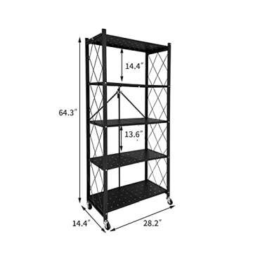 BENOSS Foldable Metal Storage Shelves with Wheels Black Heavy-Duty Shelving Units Large Capacity Collapsible Organizer Rack for Kitchen, Bedroom, Bathroom