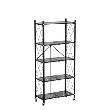 BENOSS Foldable Metal Storage Shelves with Wheels Black Heavy-Duty Shelving Units Large Capacity Collapsible Organizer Rack for Kitchen, Bedroom, Bathroom