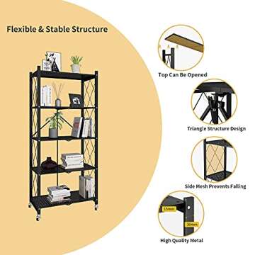 BENOSS Foldable Metal Storage Shelves with Wheels Black Heavy-Duty Shelving Units Large Capacity Collapsible Organizer Rack for Kitchen, Bedroom, Bathroom