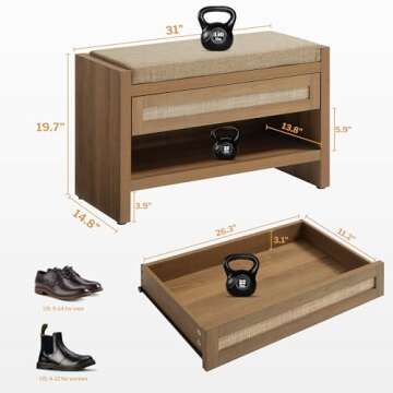 SICOTAS Rattan Shoe Bench Entryway Bench with Storage Drawer and Linen Seat Cushion, Farmhouse Boho Shoe Rack Bench with Shelf, Wooden Storage Bench for Entryway Hallway and Bedroom, Natural Oak