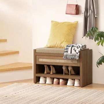 SICOTAS Rattan Shoe Bench Entryway Bench with Storage Drawer and Linen Seat Cushion, Farmhouse Boho Shoe Rack Bench with Shelf, Wooden Storage Bench for Entryway Hallway and Bedroom, Natural Oak