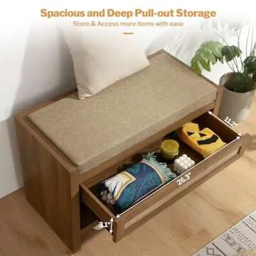 SICOTAS Rattan Shoe Bench Entryway Bench with Storage Drawer and Linen Seat Cushion, Farmhouse Boho Shoe Rack Bench with Shelf, Wooden Storage Bench for Entryway Hallway and Bedroom, Natural Oak