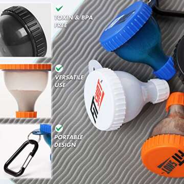 FitShot Protein Powder Funnel– Supplement Funnel with Keychain 4pack, Water Bottle Funnels, BPA Free, Portable, Gym Funnel, Pre Workout Protein Powder Container to go (40ml Small)
