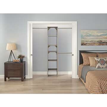 ClosetMaid SuiteSymphony Wood Closet Organizer Starter Kit with Tower and 3 Hang Rods Shelves, Adjustable, Fits Spaces 4 – 9 ft. Wide, Natural Gray, 16"