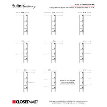 ClosetMaid SuiteSymphony Wood Closet Organizer Starter Kit with Tower and 3 Hang Rods Shelves, Adjustable, Fits Spaces 4 – 9 ft. Wide, Natural Gray, 16"