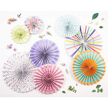 PapaKit Origami Wall Decoration Set (8 Assorted Round Paper Fans) Birthday Party Baby Shower Wedding Events Decor | Creative Art Design Pattern (Festive Colors with Mixed Patterns, 8 Piece Set)