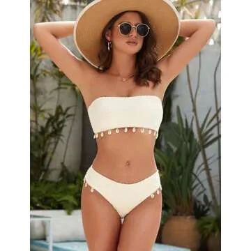 ZAFUL Women Strapless Bandeau Bikini Shell 2 Piece Swimwear Cheeky Solid Lace up Pom Bathing Suits(0-Beige,S)