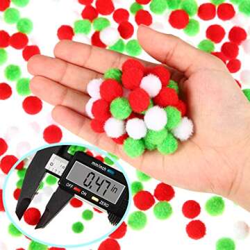 2000 Pieces 0.5 Inch Christmas Pom Poms Crafts Mini Pompoms Balls for Craft DIY and Hobby Supplies (White,Green,Red)