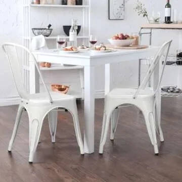Furmax Metal Dining Chair Indoor Outdoor Use Stackable Chic Side Classic Trattoria Metal Chairs Set of 4 for Kitchen, Dining Room, Bistro and Cafe (Distressed White)