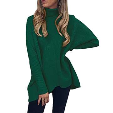 ANRABESS Womens Oversized Turtleneck Batwing Long Sleeve Casual Cozy Baggy Knit Pullover Tunic Sweater 2024 Fall Outfits Green X-Large