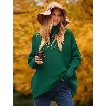 ANRABESS Womens Oversized Turtleneck Batwing Long Sleeve Casual Cozy Baggy Knit Pullover Tunic Sweater 2024 Fall Outfits Green X-Large