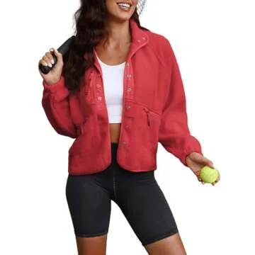 ReachMe Womens Sherpa Jacket Casual Lapel Button Down Cropped Fuzzy Fleece Jackets Long Sleeve Winter Coats with Pockets(4 Red,S)