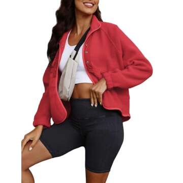 ReachMe Womens Sherpa Jacket Casual Lapel Button Down Cropped Fuzzy Fleece Jackets Long Sleeve Winter Coats with Pockets(4 Red,S)