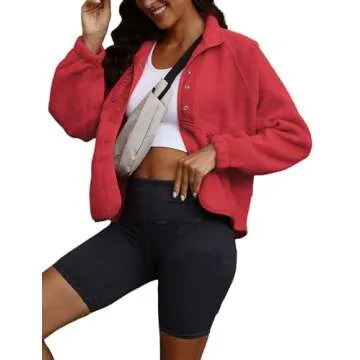 ReachMe Womens Sherpa Jacket Casual Lapel Button Down Cropped Fuzzy Fleece Jackets Long Sleeve Winter Coats with Pockets(4 Red,S)