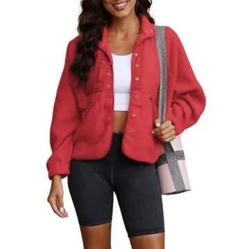 ReachMe Womens Sherpa Jacket Casual Lapel Button Down Cropped Fuzzy Fleece Jackets Long Sleeve Winter Coats with Pockets(4 Red,S)
