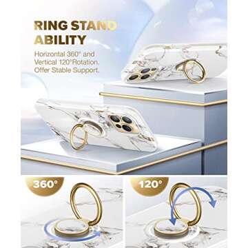 GVIEWIN for iPhone 13 Pro Max Case 6.7 Inch 2021, Built-in 360° Rotatable Ring Stand, Durable Marble Ultra Slim Glossy Hard Shockproof Kickstand Phone Holder Protective Case Cover (White/Gold)