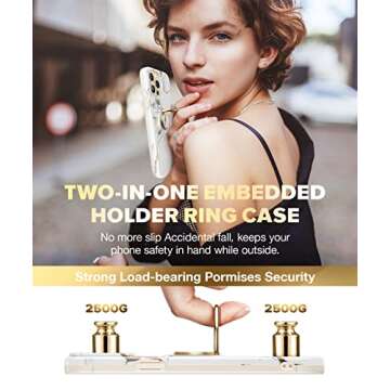 GVIEWIN for iPhone 13 Pro Max Case 6.7 Inch 2021, Built-in 360° Rotatable Ring Stand, Durable Marble Ultra Slim Glossy Hard Shockproof Kickstand Phone Holder Protective Case Cover (White/Gold)