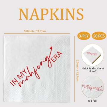 XIUHUBA In My Mahjong Era Napkins 50 Pack Red Foil and White Chinese Game Mah Jongg Cocktail Napkins Mahjong Casual Gatherings Game Nights Mah Jong Themed Birthday Party Decorations 3-Ply