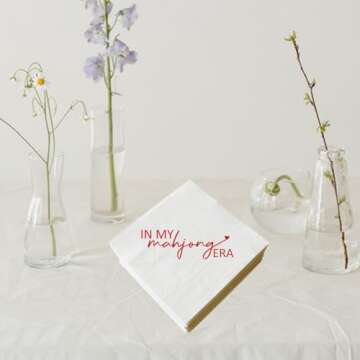 XIUHUBA In My Mahjong Era Napkins 50 Pack Red Foil and White Chinese Game Mah Jongg Cocktail Napkins Mahjong Casual Gatherings Game Nights Mah Jong Themed Birthday Party Decorations 3-Ply