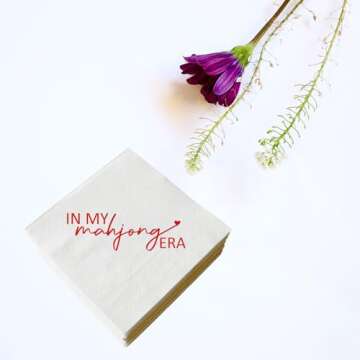 XIUHUBA In My Mahjong Era Napkins 50 Pack Red Foil and White Chinese Game Mah Jongg Cocktail Napkins Mahjong Casual Gatherings Game Nights Mah Jong Themed Birthday Party Decorations 3-Ply