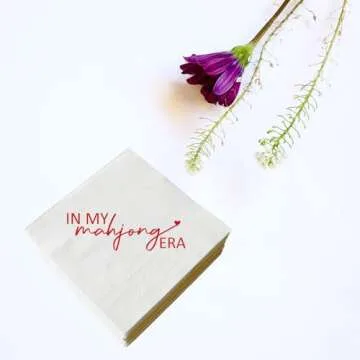 XIUHUBA In My Mahjong Era Napkins 50 Pack Red Foil and White Chinese Game Mah Jongg Cocktail Napkins Mahjong Casual Gatherings Game Nights Mah Jong Themed Birthday Party Decorations 3-Ply