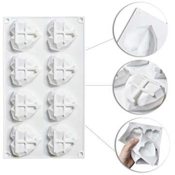 8 Grid Diamond Heart Silicone Cake Chocolate Mold Silicone Baking Pan Mold for DIY Cake Mousse Dessert 3D Diamond Love Heart Shaped Mould for Candy Fondant Ice Cream Soap Cupcake Cheesecake Jelly