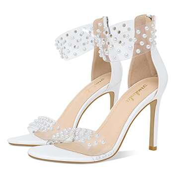 yowmns Summer Clear Pearl Decoration Women's strappy Stiletto Sandals Ankle Strap Back Zipper Open T...