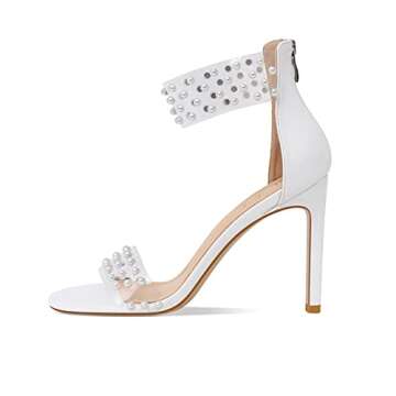 yowmns Summer Clear Pearl Decoration Women's strappy Stiletto Sandals Ankle Strap Back Zipper Open Toe Fashion Fine Wedding Bridesmaid Dress Party Cupid High Heel Pumps (White, 6.5)